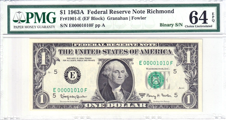 1963-A $1 FRN PMG Choice Unc 64EPQ Fancy TRUE 0/1 BINARY Serial #E00001010F - Image 1 of 2