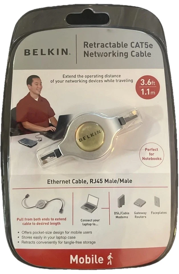 Belkin Retractable CAT5e Networking Cable 3.6ft RJ45 Male Ethernet - Image 1 of 1
