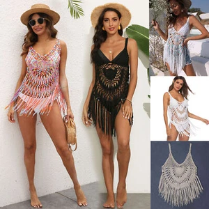 Womens Crochet Knit Bikini Cover UP Beach Dress Tassel Strappy Summer Holiday UK - Picture 1 of 31