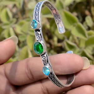 Chrome Diopside Cut, Blue Topaz Gemstone Bracelet 925 Sterling Silver Man's Cuff - Picture 1 of 8