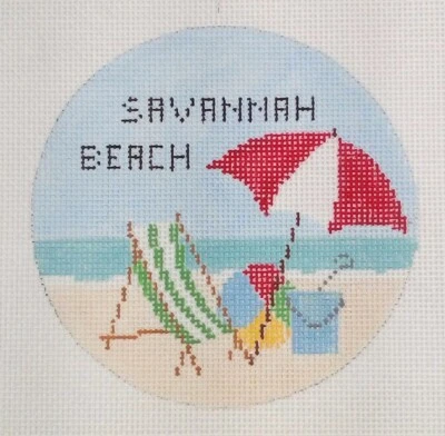 Needlepoint handpaint canvas Savannah Beach round umbrella chair sand 4" circle - Image 1 of 3