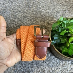 J.Crew Stretch Webbed Belt Orange Canvas Brown Leather Men’s Size S 39” Length - Picture 1 of 6