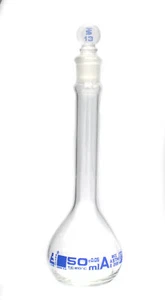 Eisco 50ml Volumetric Flask with Glass Stopper - ASTM, Class A, Blue Graduations - Picture 1 of 2