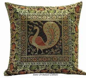 Black 16" Peacock Cushion Pillow Cover Indian Handmade Silk Brocade Sofa Throw  - Picture 1 of 4