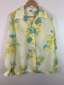 Vintage 70s Nylon Shirt Sheer Button Up Pykettes Mod Print Yellow M L Retro - Picture 1 of 13