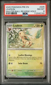 Juego de cartas coleccionables Pokémon Evoluciones prismáticas 005/131 Leafeon Master Ball Holo PSA 8 - Imagen 1 de 2