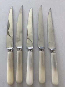 5 Vtg VINERS OF SHEFFIELD England Knife Knives Set Swirl Mother of Pearl Handle - Picture 1 of 8