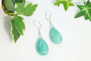 Pear Plain Amazonite Natural Gemstone Stone Silver Plated Brass Metal Earrings