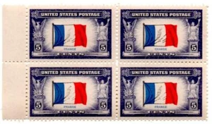BLOCK OF 4 U.S. 5 CENT POSTAGE STAMPS FRANCE OVERRUN COUNTRIES SERIES 1943 WWII - Picture 1 of 1