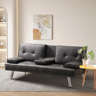 Sofá cama futón de cuero sintético convertible sofá para sala de estar con 2 portavasos Foto 1 de 4