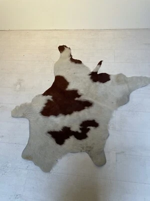 Cowhide Rugs Brown and White, Vintage Mid Century Accent Rug - Image 1 of 4