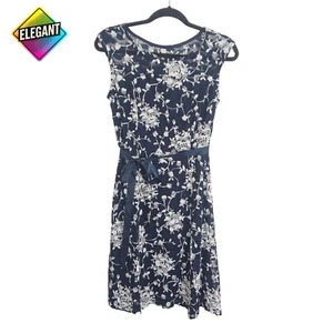 Candallite Women’s Medium Navy Blue Lace Floral Dress Belted Sleeveless - Picture 1 of 10