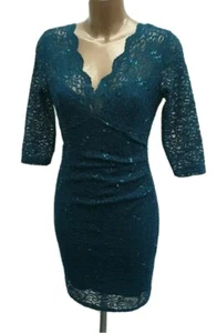 Lipsy Green Lace Sequin Bodycon Dress 16 Party 3/4 Sleeve Occasion Wedding - Picture 1 of 19