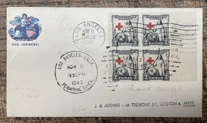 Scott #'s702x4, 2c Rotes Kreuz, 1943 Luftpostbrief, Los Angeles, mit Gütesiegel, Weihnachten - Bild 1 von 2