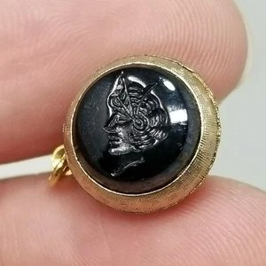 Vintage Black Intaglio Tie Tack Pin Round Gold Tone Swank - Picture 1 of 7