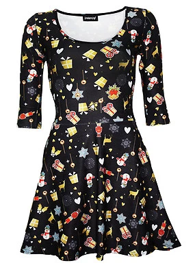 Christmas X-Mas Presents Snowmen Nutcrackers Heart Print 3/4 Sleeve Skater Dress - Image 1 of 3
