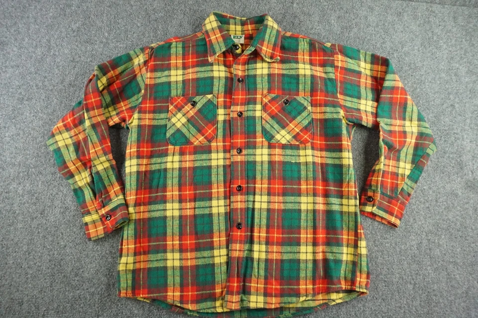 Camisa ELY Hombre Talla 16 Amarillo Verde Franela a Cuadros Vintage Botón Frontal Occidental Foto 1 de 4