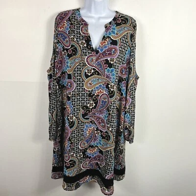 Nicole Miller Womens Dress Sz 14 Black Multicolor Paisley Cold Shoulder V Neck - Image 1 of 4