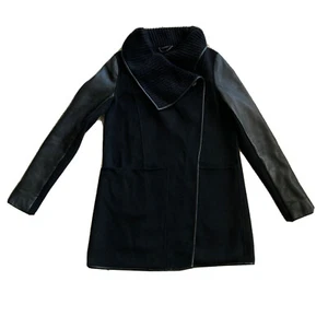 Mackage Coat sz S/P Black Double Breast Classic Wool Owl Neck Jacket Leather - Picture 1 of 12