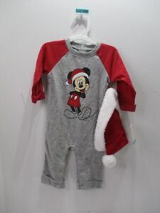Mickey Mouse Pajama Set Boys 0-3M Gray Christmas Disney Santa Hat Cotton New