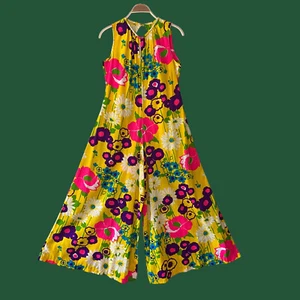 Vintage 60s Hawaiian Barkcloth Wide Leg Jumpsuit, Psychedelic, Day Glo, Palazzo - Picture 1 of 9