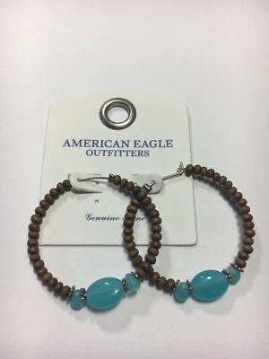 PENDIENTES ARO AMERICAN EAGLE OUTFITTERS MADERA MARRÓN VERDE AZULADO TURQUESA NUEVOS EN TARJETA Foto 1 de 3