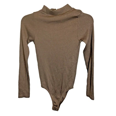 Aura боди размер S/M коричневый ребристый вязаный блестящий насмешливый шеи длинным рукавом - Изображение 1 из 4