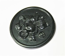 Pair 2 Bas Relief Orchid Flower Antique Victorian Large 1" Black Glass Buttons