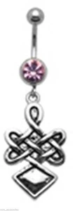 Belly Ring Celtic Love Knot w/Pink Gem Dangle Naval Steel  - Picture 1 of 3