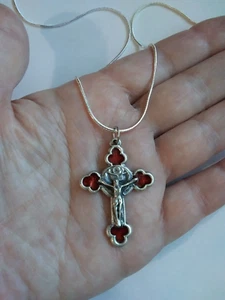 Damen Kruzifix Halskette Silber Rot Emaille Rose 925 Sterling Silber Kette Italy - Bild 1 von 5