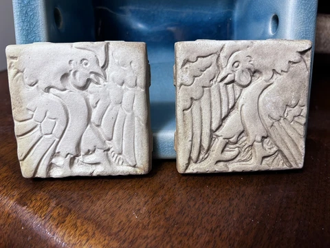HTF Batchelder Tiles with Roosters That "Face" Each Other - 3x3 Unglazed Bisque Cover
