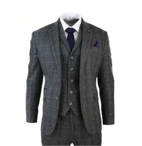 Dark Gray Check Men's Suits Wool Blend 3 Pieces Vintage Classic Suit Tailored - Foto 1 di 12