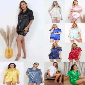 Damen Satin Pyjama Nachtwäsche PJs Set Damen Seide kurzärmelig Knopf Nachtwäsche - Bild 1 von 33
