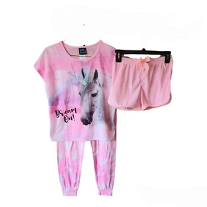 Jellifish Kids Pajama Set 12 Girls 3 Pc Unicorn Long & Short Pants Pink - Picture 1 of 5