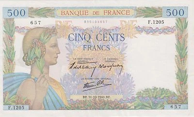 France 500 Francs 31.10.1940 P 95a Series F. 1205 Circulated Banknote - Image 1 of 2