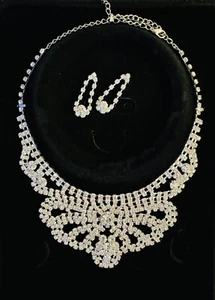 Women Wedding Bridal Statement Crystal Necklace Pierce Earring Party Jewelry Set - Picture 1 of 3