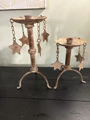 Pair Country Stars Hanging Pillar Candle Stick Rustic Metal Chain Holders Spike - Image 1 of 4