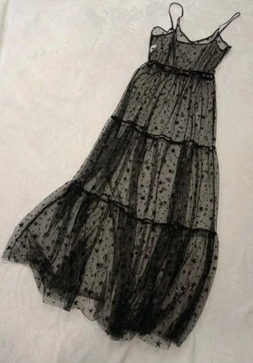 Womens Tulle Dress Long Straps Sheer Black Mesh Maxi Dresses Metallic Stars Gown - Image 1 of 4