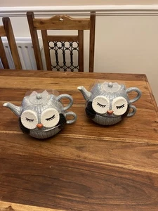 Knitted Ceramic Owl Teapot Tea For One x 2 - Picture 1 of 3