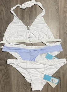 Beach Bunny Swimwear Bikini Cameron Halter Stephanie Full Bottom White Blue 3X - Picture 1 of 9