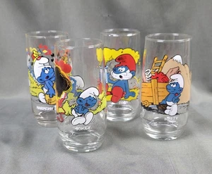 4 Vintage Wallace Berrie Peyo Smurf Glasses 1982-83 Jokey, Harmony, Hefty & Papa - Picture 1 of 19