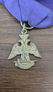Vintage 32nd Degree Double Eagle Masonic Brass Name Badge Purple Ribbon 1930s - Picture 1 of 10