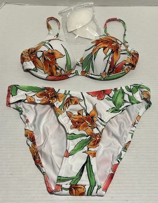 Juego de 2 piezas de bikini de natación Venus potenciador copa B parte inferior push-up 8 blanco naranja nuevo Foto 1 de 4