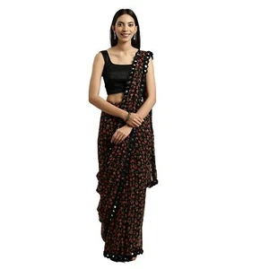 New Womanista Women's Georgette Saree with Blouse (Black Free Size) - Picture 1 of 3