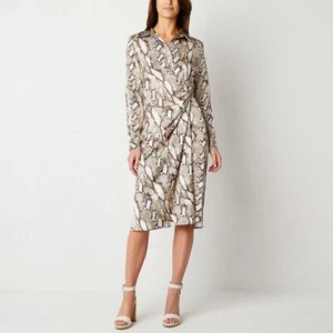 NWT Worthington Women Medium Dress Snake Long Sleeve Satin Dress Midi Mob Wife - Picture 1 of 9