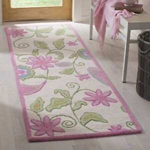 SAFAVIEH Kids Collection 2'3" x 7' Ivory / Pink SFK351A Handmade Floral Wool ...