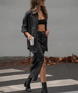 All Things Golden Pebbled Vegan Leather Shirt Size Small Top Oversized Black - Picture 1 of 11