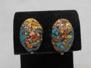 Dichroic Glass Pink-Orange Yellow Blue Background Black 3/4” Oval Clip Earrings - Picture 1 of 13