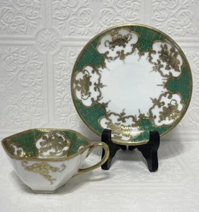 Noritake Komaru Green And Gold Moriage Cup And Saucer Morimura Family Mark - Picture 1 of 11