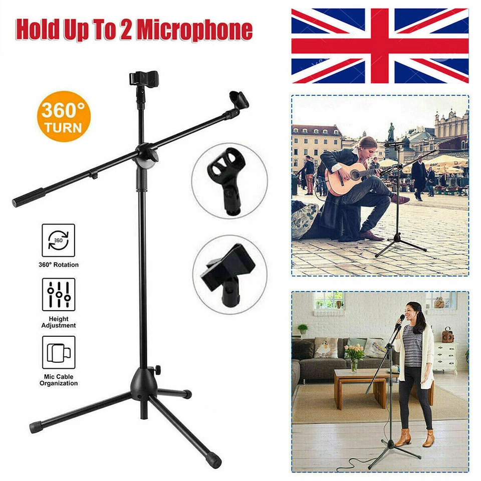 PROFESSIONAL BOOM MICROPHONE MIC STAND HOLDER ADJUSTABLE WITH FREE CLIPS NEW UK